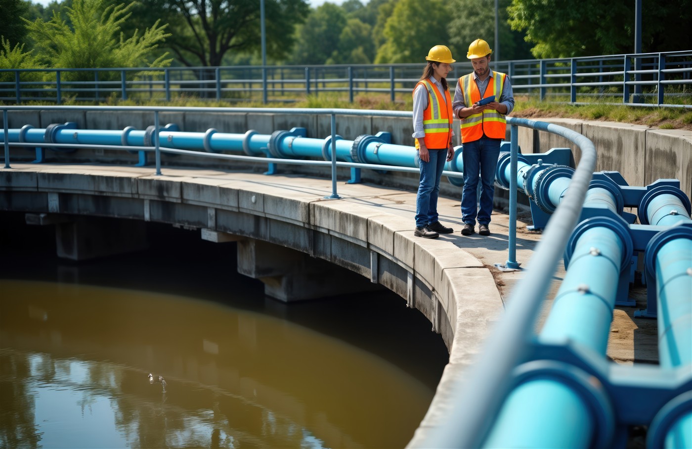 Engineers examining a wastewater treatment plant with tablet