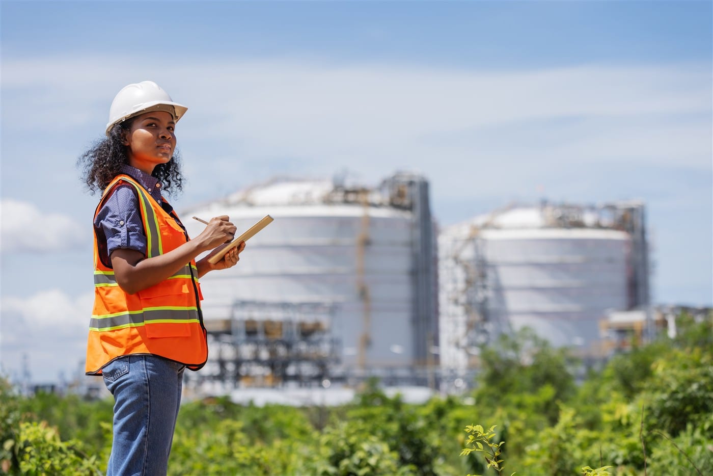 Environmental engineer conducting a site survey with tablet and safety gear